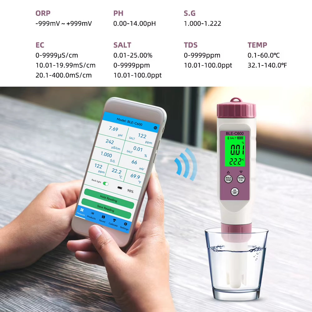 Smart Digital 7IN 1 PH / TDS / EC / ORP / Salinity/Specific Gravity of Seawater / Temperature Ph Meter by Mobile App