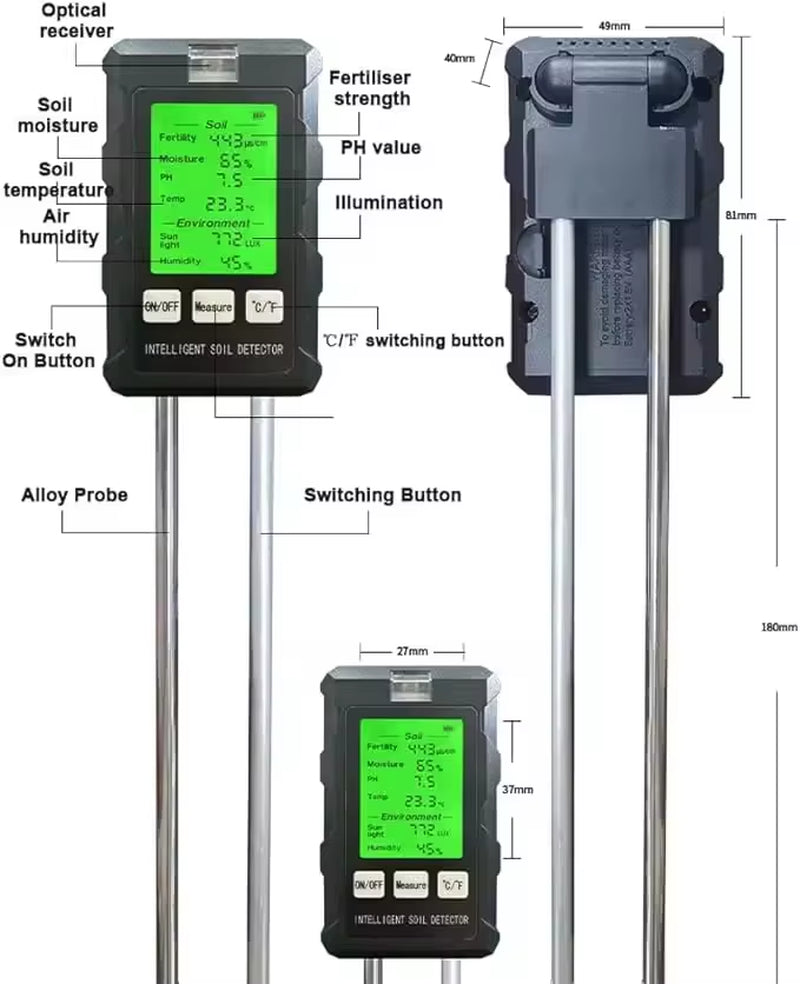 2025 Best 6 in 1 Intelligent Soil Meter Fertility/Ph/Moisture/Tmep/Sunlight/Humidity Soil Tester for Agriculture and Garden