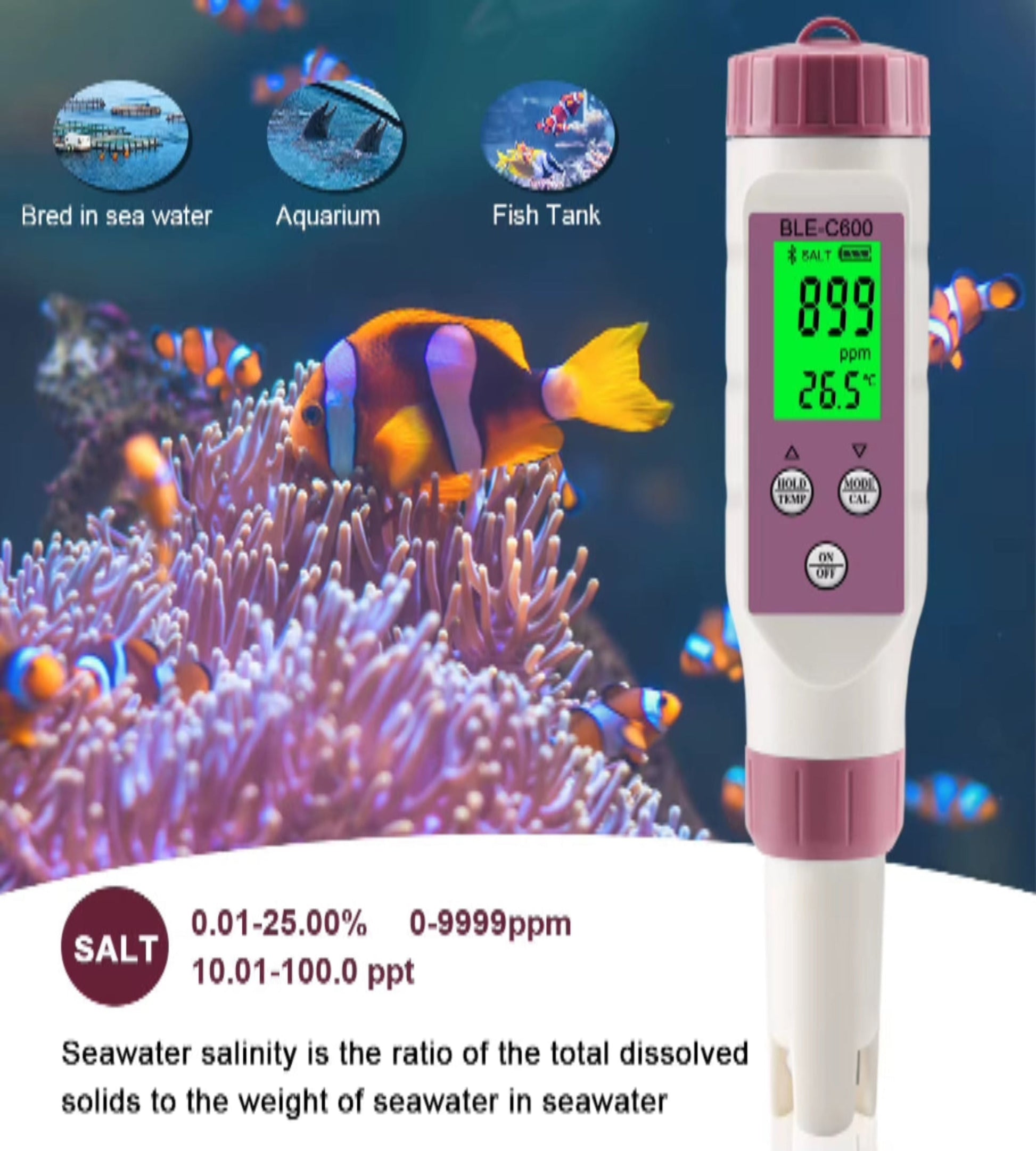 Smart Digital 7IN 1 PH / TDS / EC / ORP / Salinity/Specific Gravity of Seawater / Temperature Ph Meter by Mobile App