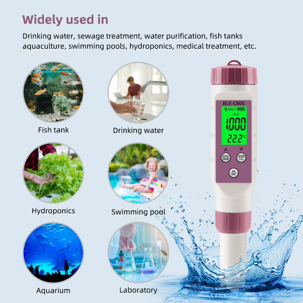 Smart Digital 7IN 1 PH / TDS / EC / ORP / Salinity/Specific Gravity of Seawater / Temperature Ph Meter by Mobile App